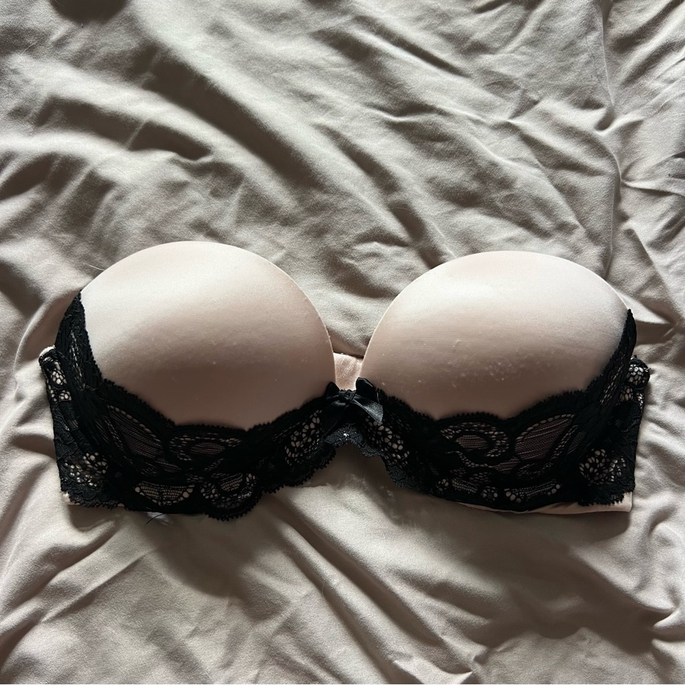 Victoria’s Secret Strapless Light Pink Push-Up Bra with Black Lace